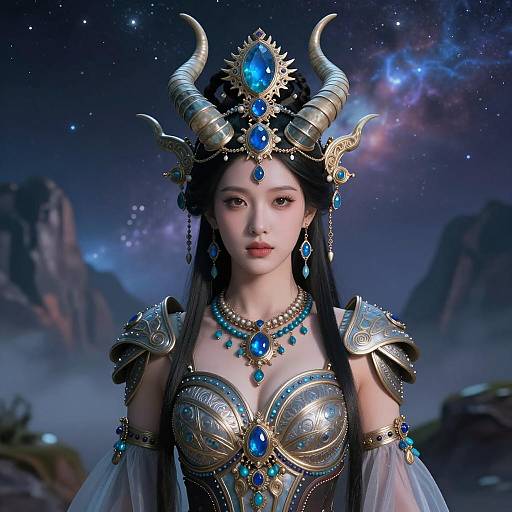 Celestial Queen in Ornate Armor with Gemstone Headdress