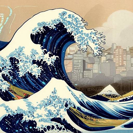 Digital artwork blending Hokusai's 