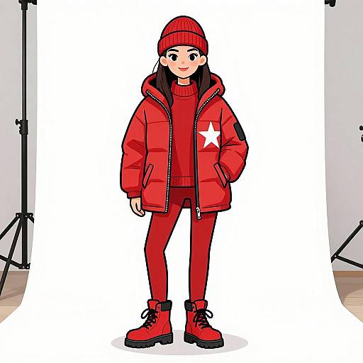 Digital illustration of a young girl with long black hair, wearing a red beanie, jacket with a white star, and matching pants and boots, standing