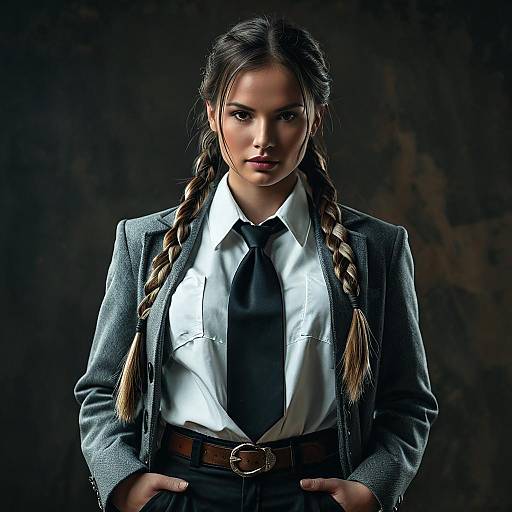 Photograph of a serious young woman with long braided hair, wearing a gray blazer, white shirt, black tie, and black pants, hands