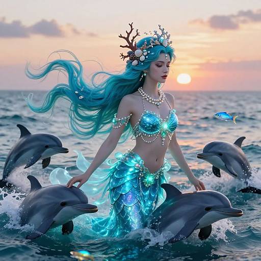 Digital artwork of a blue-haired mermaid with glowing seashell bra and fin skirt, surrounded by dolphins, at sunset on a wavy ocean.