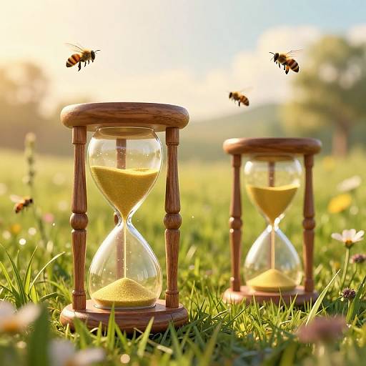 Golden-Hour Meadow with Wooden Hourglasses