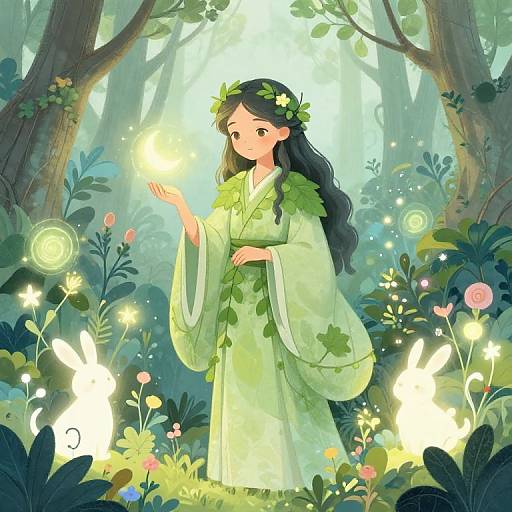 Anime-style digital drawing of a green-robed girl with a leaf crown, holding a glowing flower in a magical forest. Butterflies and glowing flowers surround