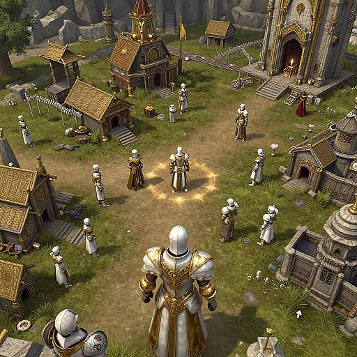 CGI fantasy scene: armored knight in gold armor stands in grassy village with stone buildings, robed figures, and ceremonial fire. Medieval, mystical