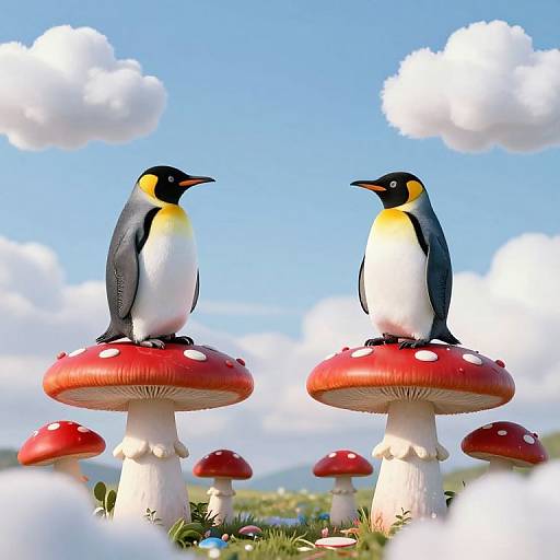 Photograph of two penguins standing on red, white-spotted mushrooms under a bright blue sky with fluffy clouds, surrounded by more mushrooms and green grass