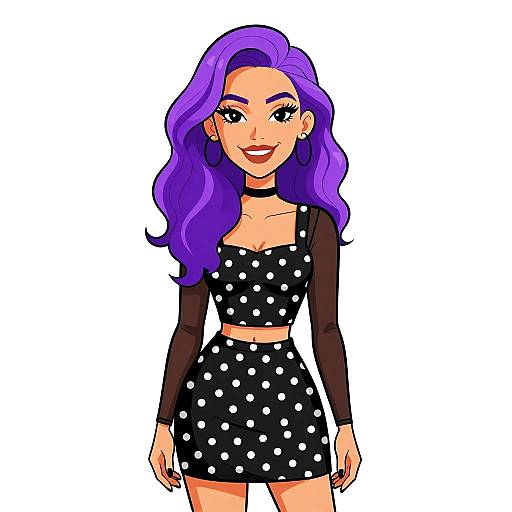 Digital cartoon of a smiling woman with purple wavy hair, black polka dot crop top and skirt, brown long sleeves, white background.