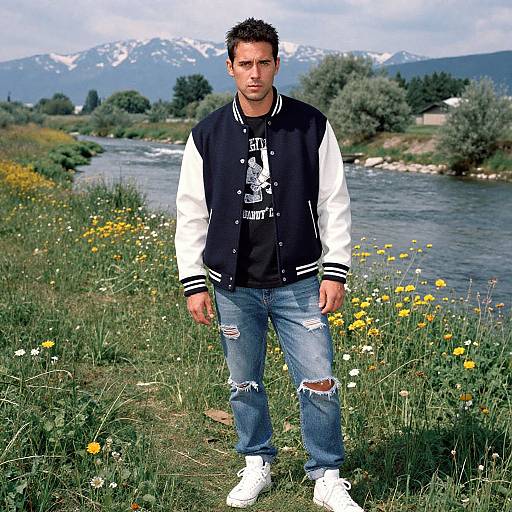 Photograph of a young man with short dark hair, wearing a black and white varsity jacket, ripped jeans, and white sneakers, standing in a
