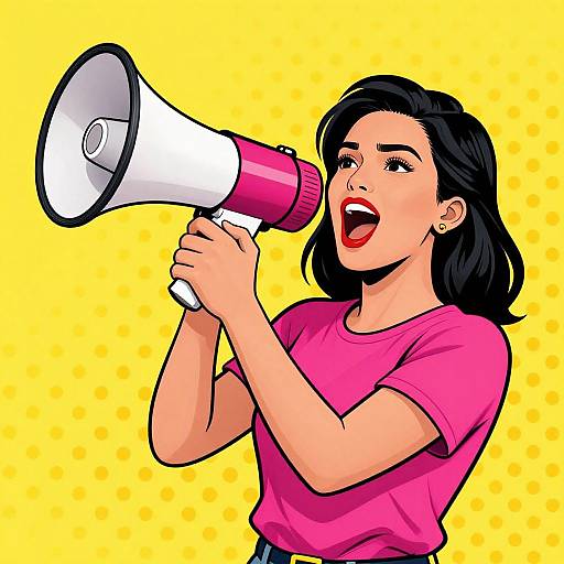 Digital pop-art style drawing of a black-haired woman in a pink shirt, shouting into a pink and white megaphone against a yellow polka-d