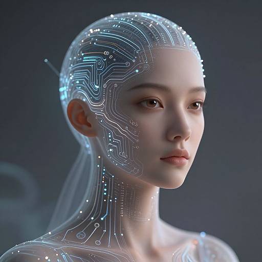 Digital artwork of a futuristic, cybernetic woman with glowing circuit patterns on her head and neck, pale skin, and serene expression, against a dark