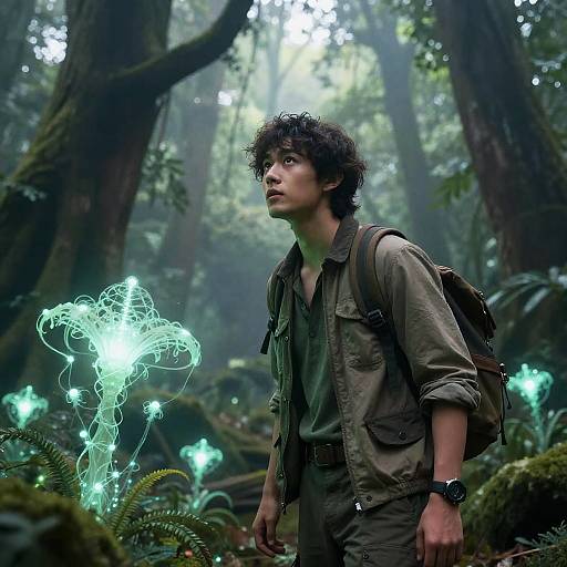Photograph of a curly-haired young man in a green jacket and backpack, standing in a misty forest, staring at glowing, ethereal green lights