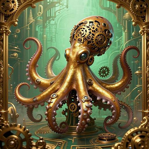 Steampunk-style digital illustration of a golden, gear-adorned octopus with large eyes and curled tentacles in a futuristic, green-lit