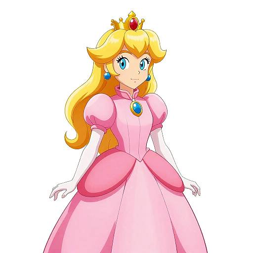 Digital drawing of Princess Peach: blonde hair, blue eyes, pink gown with puffed sleeves, gold crown, blue earrings, white gloves, white background