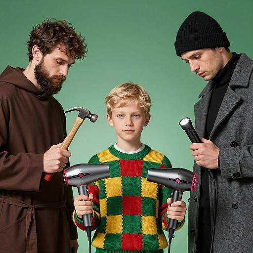 Unique Portrait of a Boy with Hairdryers