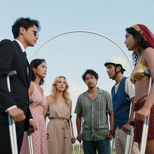 Seven People with Crutches in a Circle