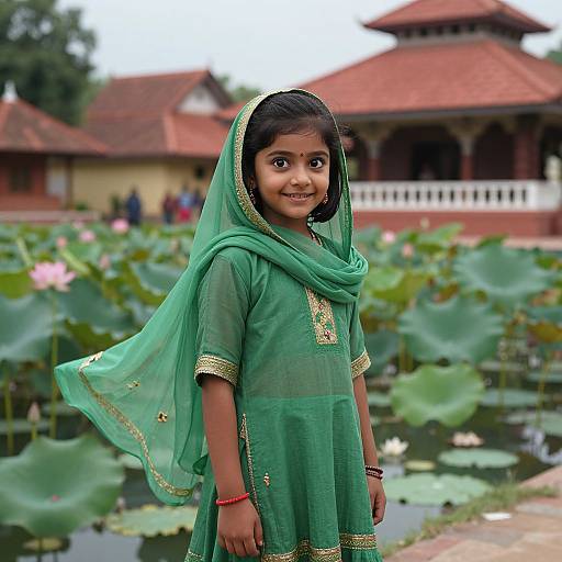 Photograph of a smiling Indian girl in a green saree with gold embroidery, standing by a lotus pond, with red-roofed buildings in