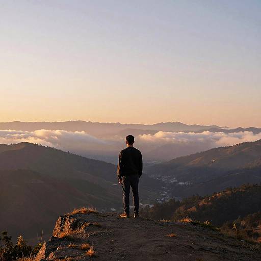 Photograph of a solitary man in dark clothing standing on a rocky mountain peak, gazing at a misty sunrise over rolling hills and valleys.