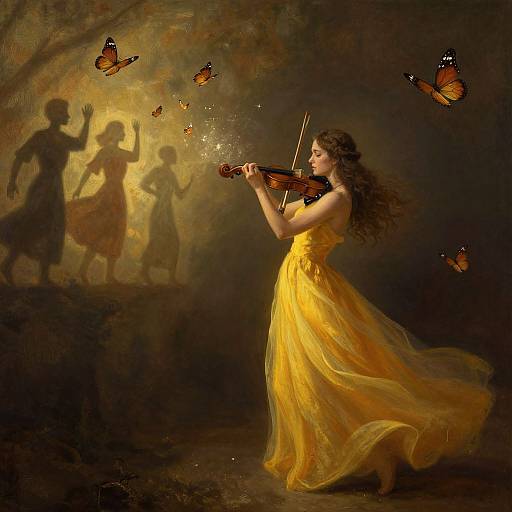 Digital painting: Curly-haired woman in flowing yellow dress plays violin, surrounded by orange butterflies, silhouetted figures in background. Warm, mystical