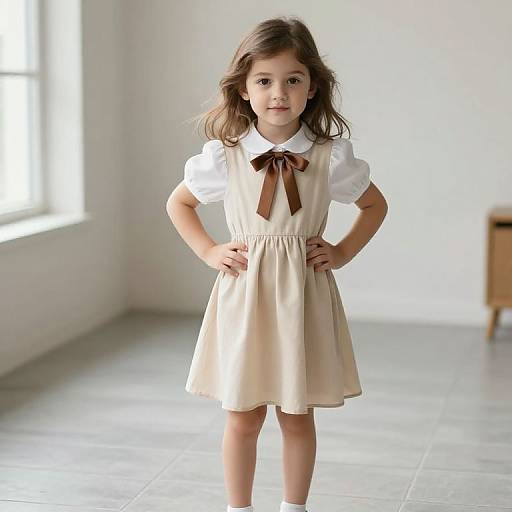 Photograph of a young girl with light brown hair, wearing a white shirt and beige dress with brown bow, standing in a bright, minimalistic room