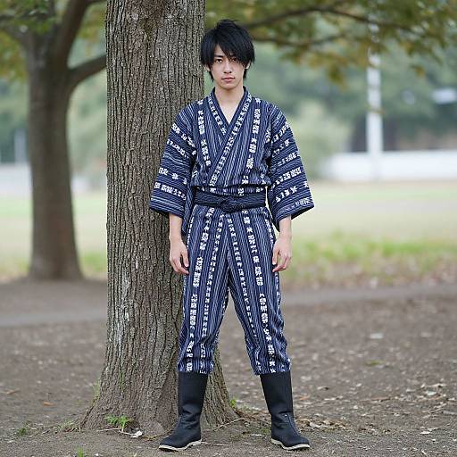Photograph of an Asian man with black hair, wearing a blue and white patterned martial arts gi, black boots, standing against a tree in a
