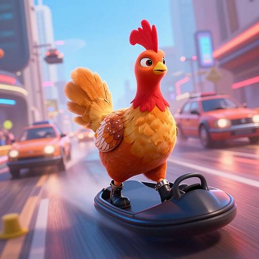 CGI image of a colorful, anthropomorphic chicken with a red comb and yellow-orange feathers standing on a black mousepad in a bustling, neon-l
