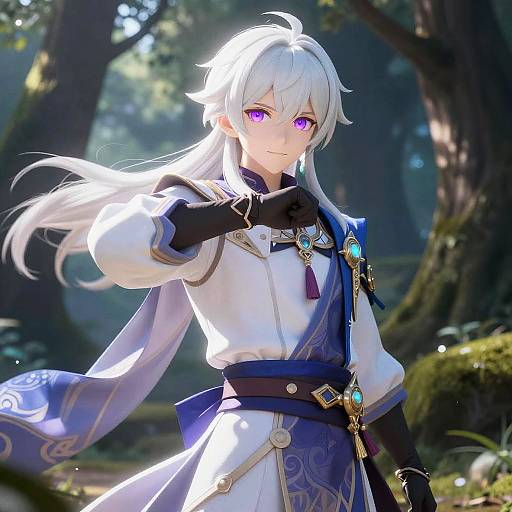 Digital anime-style artwork of a white-haired, purple-eyed character in a white and blue ornate outfit, standing in a sunlit forest.