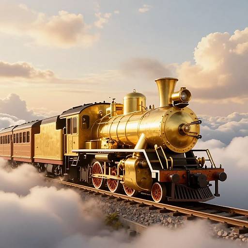 Golden steam locomotive with red wheels, surrounded by clouds, glides along railway tracks during a sunset, creating a dreamy, nostalgic scene.