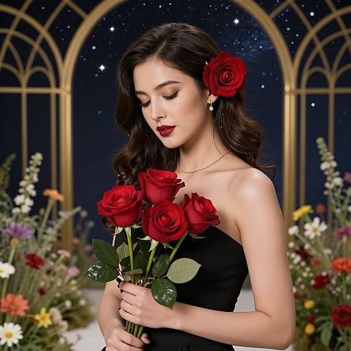 Photograph of a fair-skinned woman with dark, wavy hair, wearing a black strapless dress, holding red roses, adorned with a red