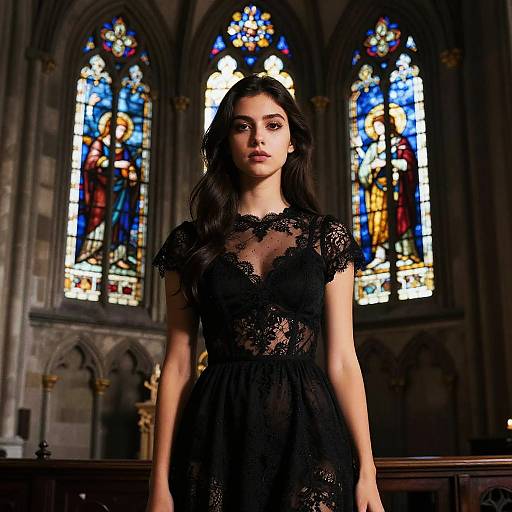 Photograph of a young woman with long dark hair, wearing a black lace dress, standing in a dimly lit cathedral with vibrant stained glass windows behind