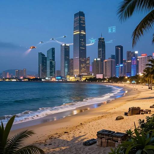 Twilight Beach Meets Futuristic Cityscape