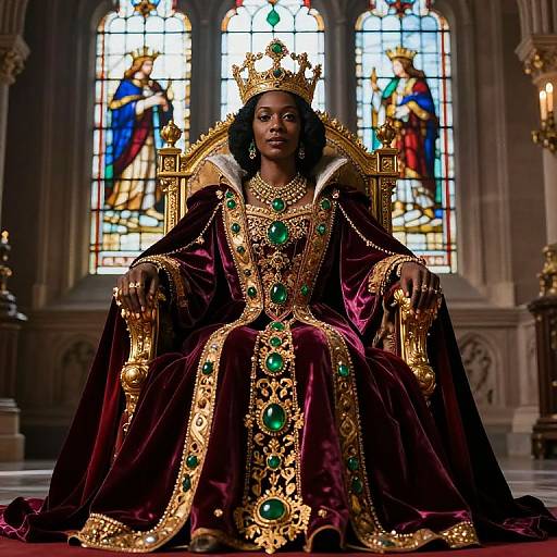 Photograph-like digital art of a regal Black woman in a gold and green embroidered velvet crown and robe, seated on an ornate throne, with
