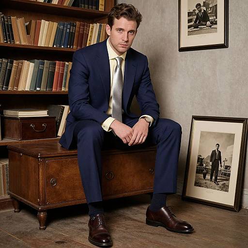 Photograph of a handsome, brown-haired man in a navy suit, white shirt, and tie, sitting on a wooden chest in a library, with
