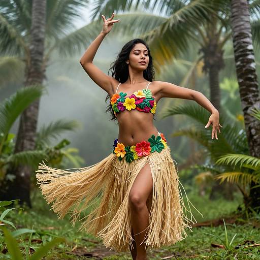 Photograph of a tan-skinned, black-haired woman dancing in a tropical forest, wearing a colorful floral bikini top and grass skirt, surrounded by palm