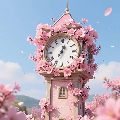 Photograph of a pink clock tower adorned with blooming cherry blossoms, set against a clear blue sky with scattered petals.