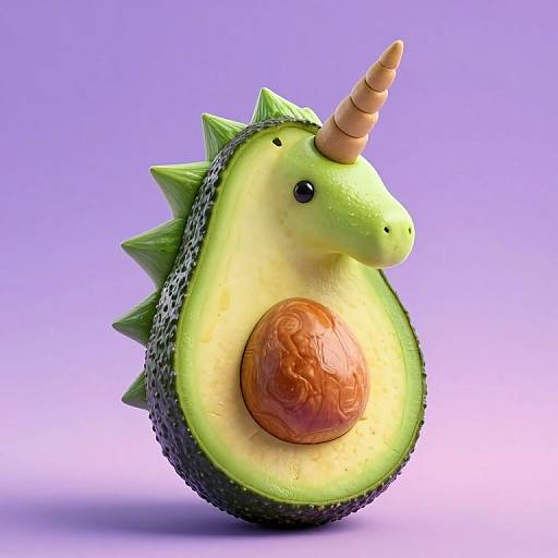 Digital artwork of a whimsical, anthropomorphic avocado with a unicorn horn, green spikes, and a large, textured brown pit, set against a purple