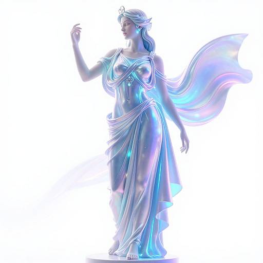 Digital CGI of a radiant, ethereal woman in a shimmering, blue-tinted, flowing gown, wearing a diadem, with a translucent