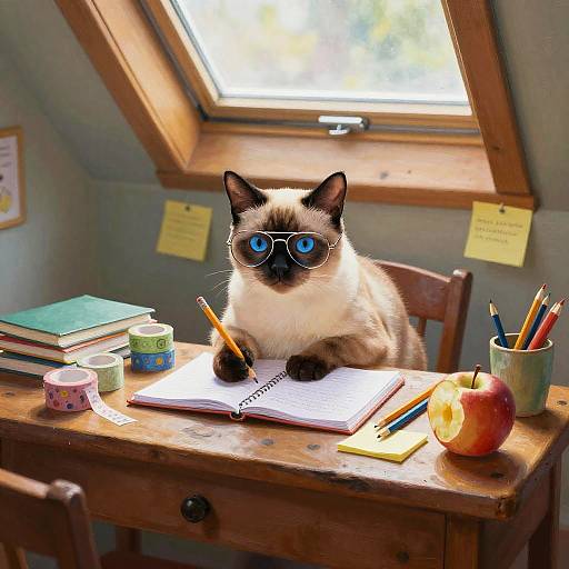 Blue-eyed Siamese Cat Studying Cozy Cabin