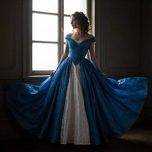 Silhouetted woman in an off-the-shoulder, blue ball gown with white lace, standing in front of a bright window, spreading her
