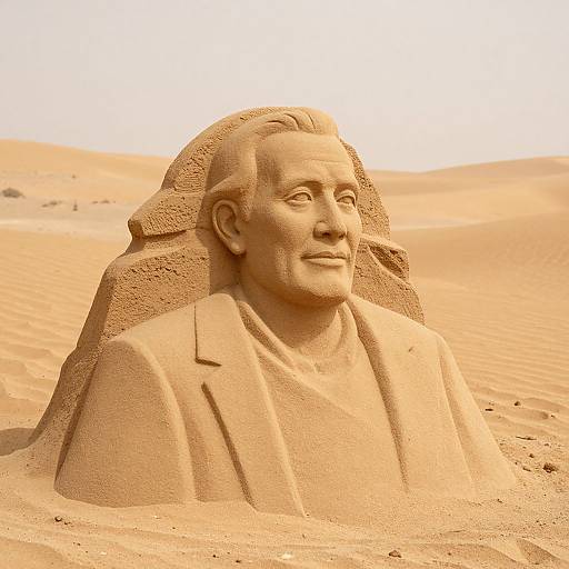 Sand sculpture of an elderly man in a suit, with detailed facial features, set against a sunlit desert landscape.