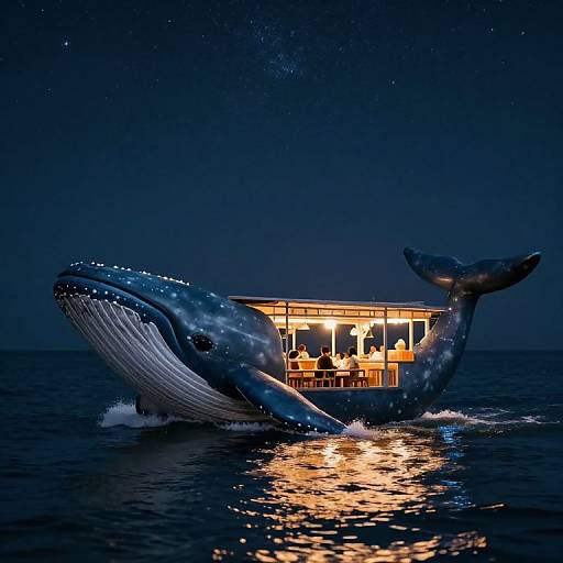 Photorealistic CGI of a glowing whale beside a brightly lit boat on a dark, starry ocean at night.