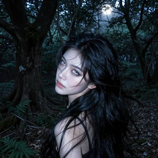 Photograph of a pale woman with long, dark, wet hair, illuminated by moonlight in a dense, dark forest, looking back with glowing white