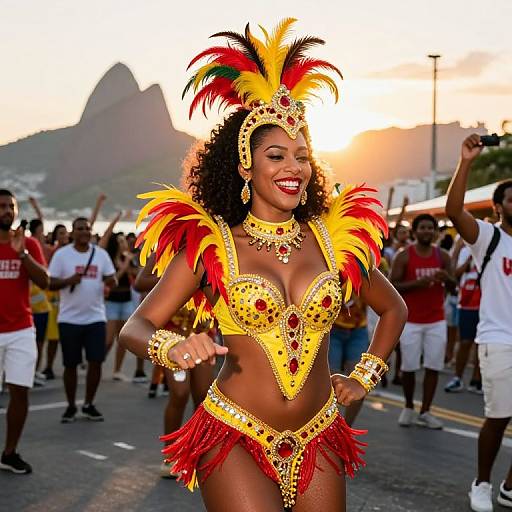 Photograph of a smiling Black woman in elaborate, colorful Carnival costume with red, yellow, and black feathers, and gold jewelry, dancing in a street