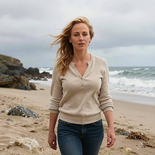 Photograph of a blonde woman with wavy hair, wearing a beige sweater and blue jeans, walking on a rocky beach with waves in the background.