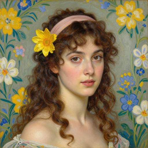 Digital painting of a young woman with curly brown hair, pink headband, yellow flower, fair skin, wearing off-shoulder white blouse, surrounded