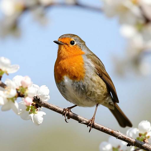 Photograph of a vibrant orange-breasted robin with grey and white feathers perched on a blossoming branch against a bright blue sky.