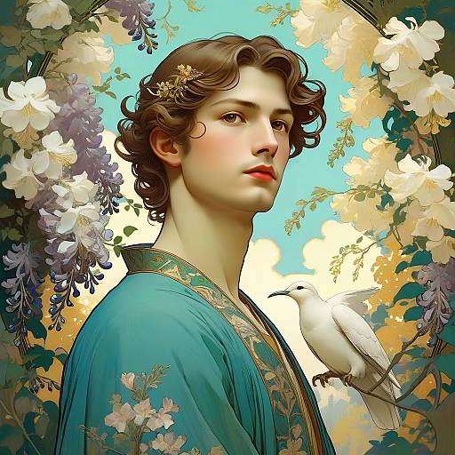 Art Nouveau Man with Dove and Wisteria