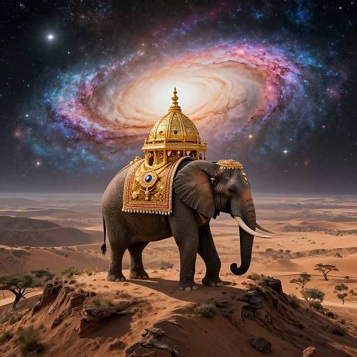 Digital artwork of an ornately decorated elephant with a golden dome helmet, standing on a desert hill under a colorful galaxy.