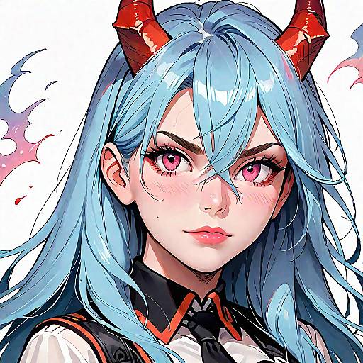 Anime Girl with Red Horns and Blue Hair