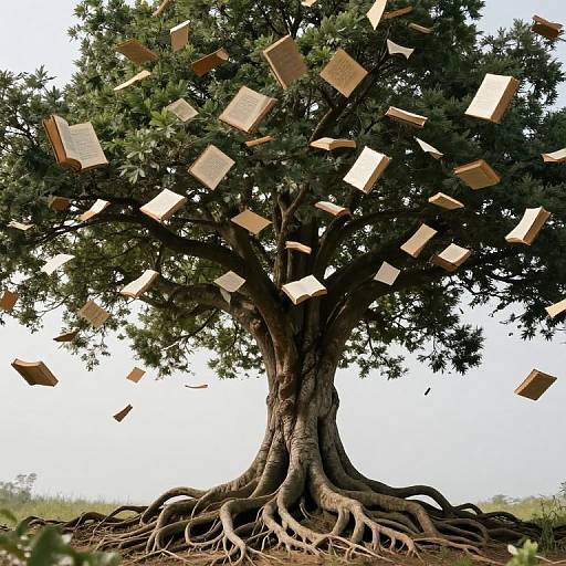 Photograph of a large tree with thick, twisting roots, its green leaves releasing floating, wooden books against a bright, clear sky.