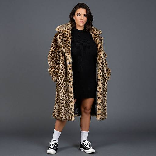 Woman in Leopard Print Faux Fur Coat and Black Dress