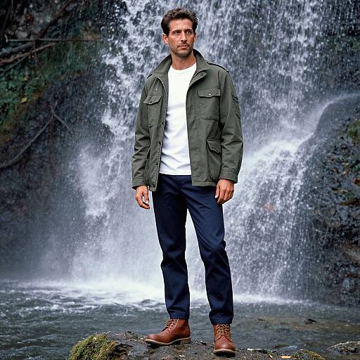 Man by Waterfall in Military Style